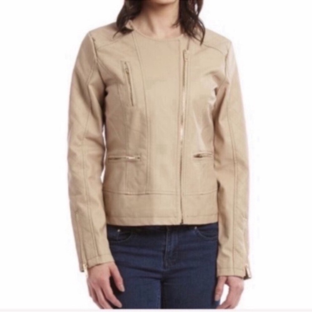 B Sweet Women’s Sz Large Faux Leather Taupe Tan color ZIPPERS Statement Jacket